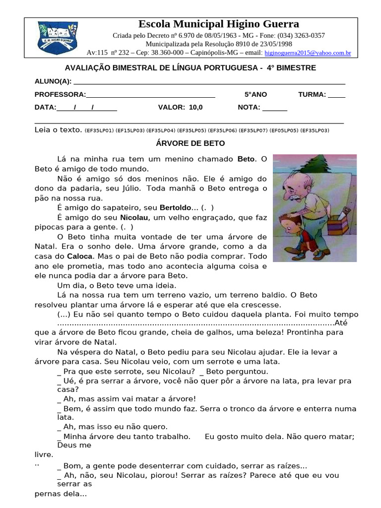 Avaliação de Língua Portuguesa - 4° Bimestre | PDF