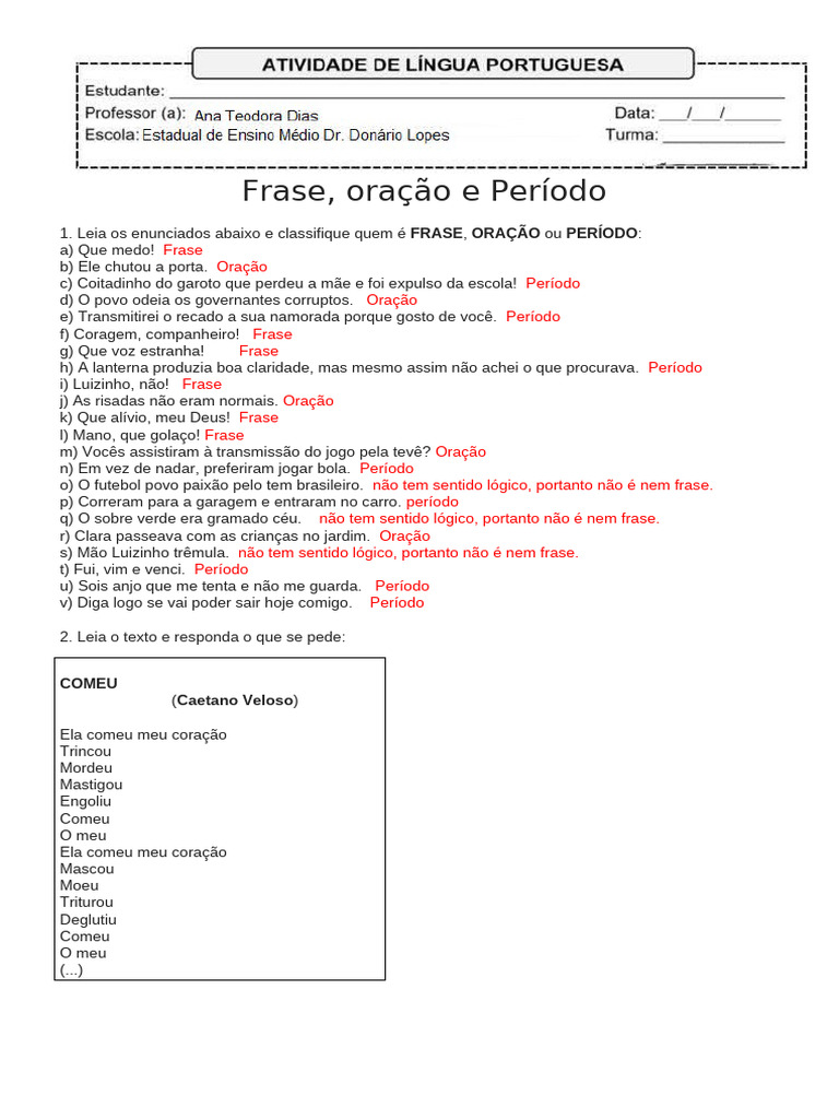Gabarito Atividade 3 Frase Oração e Período | PDF