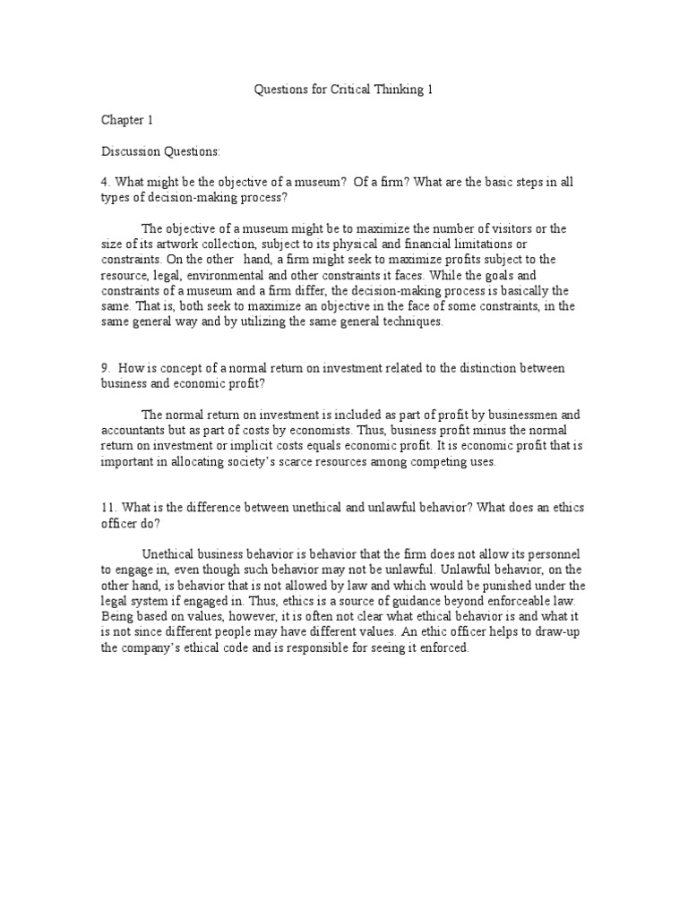 Critical Thinking Questions on Business Ethics | PDF | Marginal Cost ...
