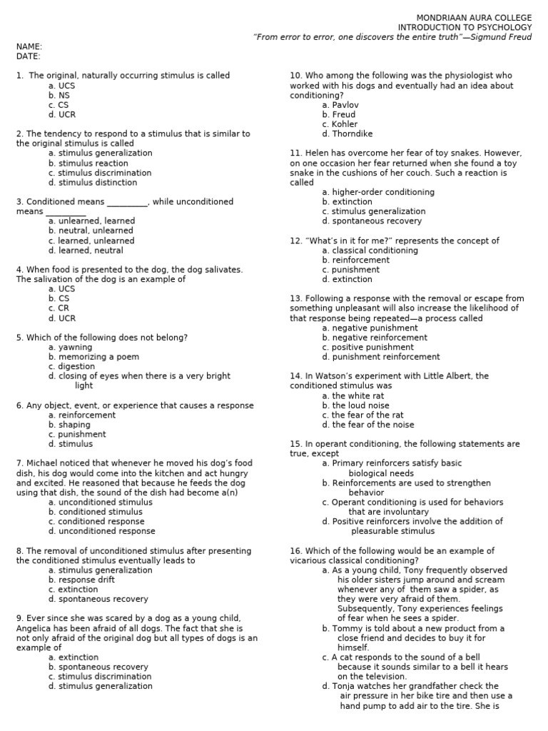 2 Intro To Psychology Quiz | PDF | Reinforcement | Classical Conditioning