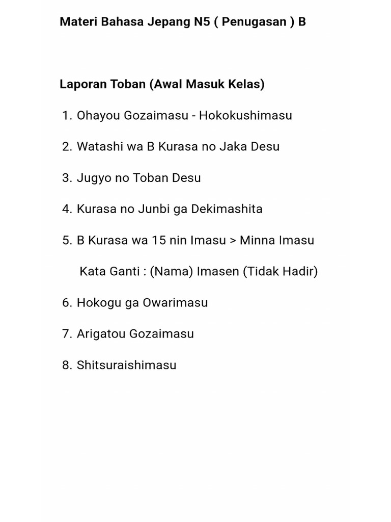 Materi Laporan Toban (Awal Sebelum Masuk) Bahasa Jepang N5 Penugasan B ...
