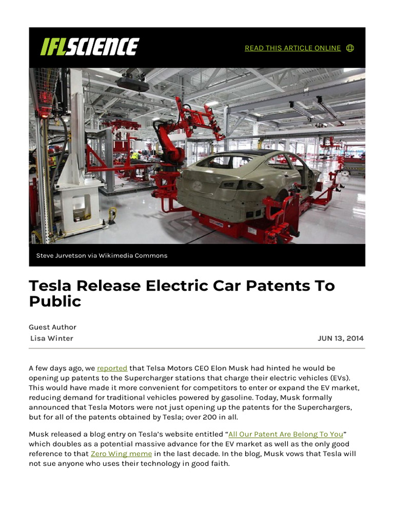 Tesla Release Electric Car Patents To Public | PDF