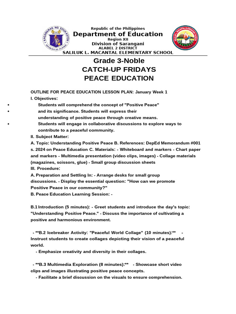 G3 Cuflp@ Peace Education | PDF | Lesson Plan | Career & Growth