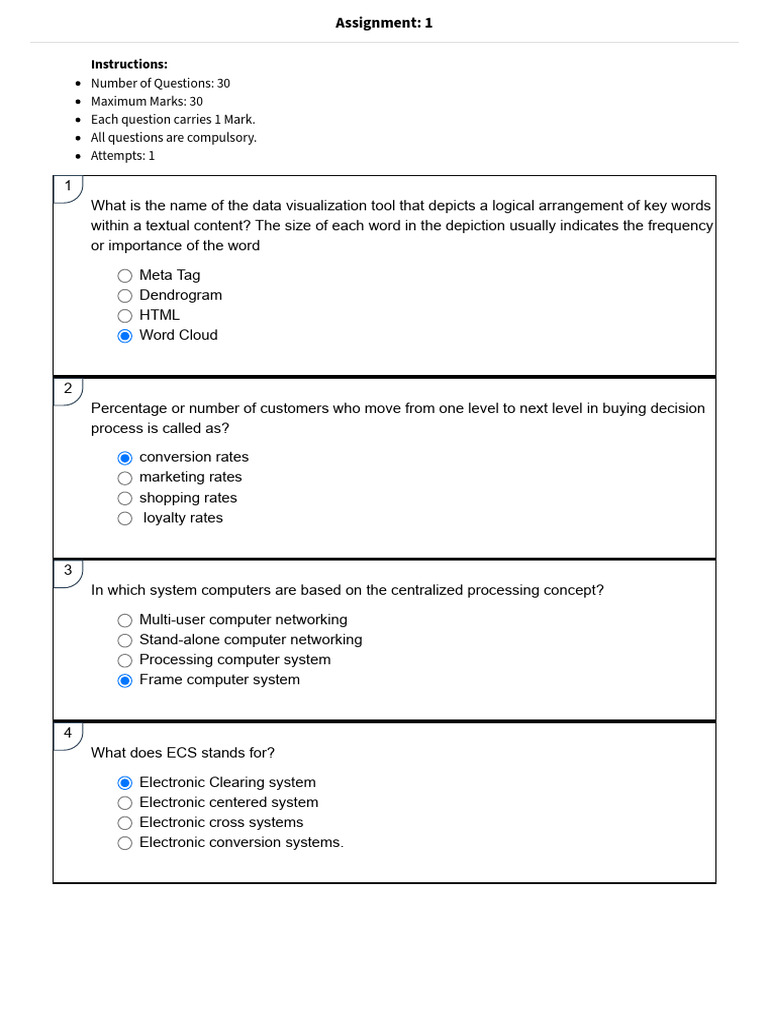 Number of Questions: 30 Maximum Marks: 30 Each Question Carries 1 Mark ...