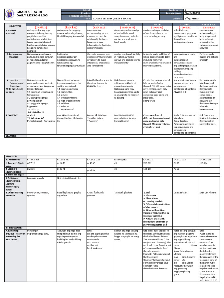 Grade 2 Daily Lesson Log August 2024 | PDF