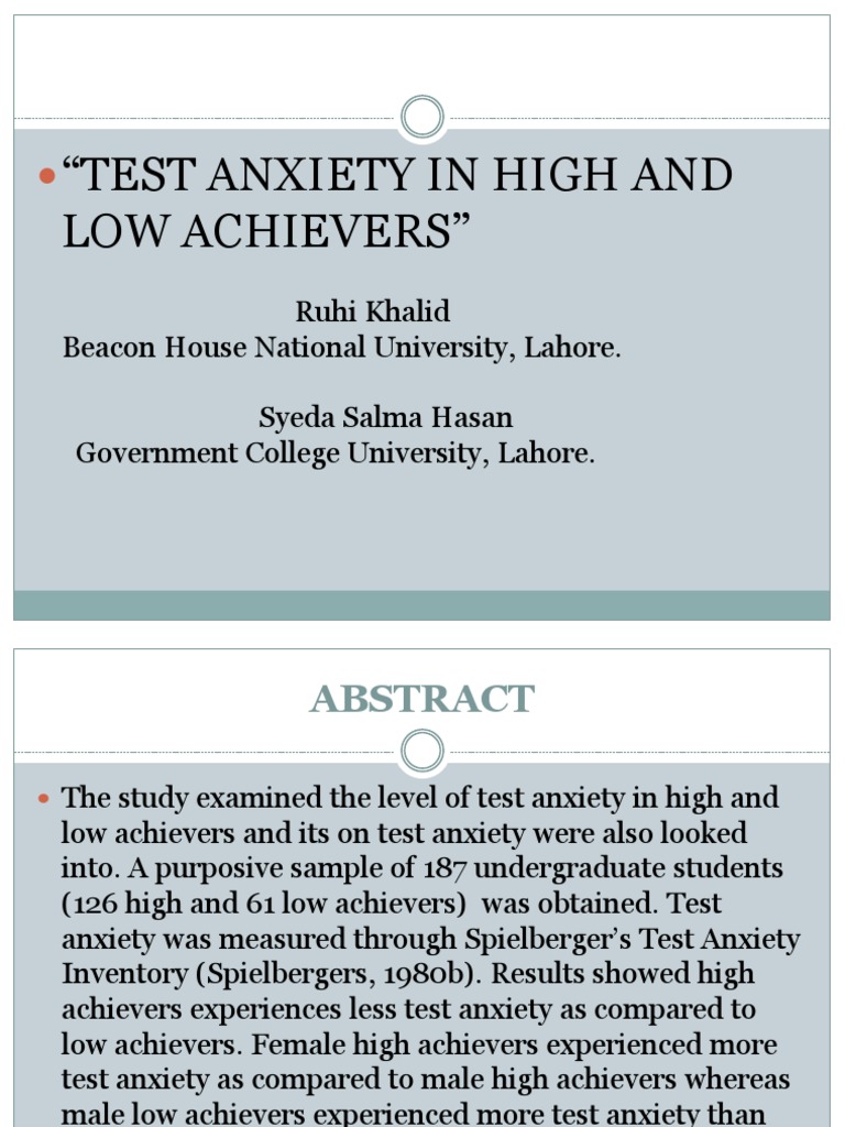 Test Anxiety in High vs. Low Achievers | PDF