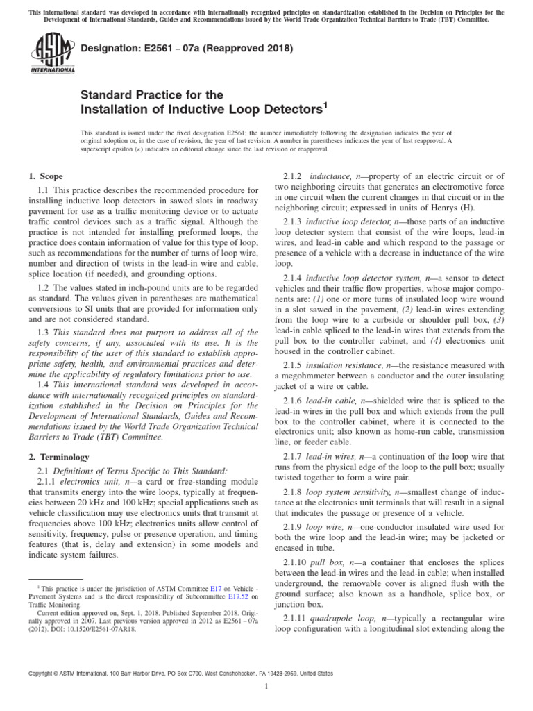 Standard Practice For The Installation of Inductive Loop Detectors | PDF
