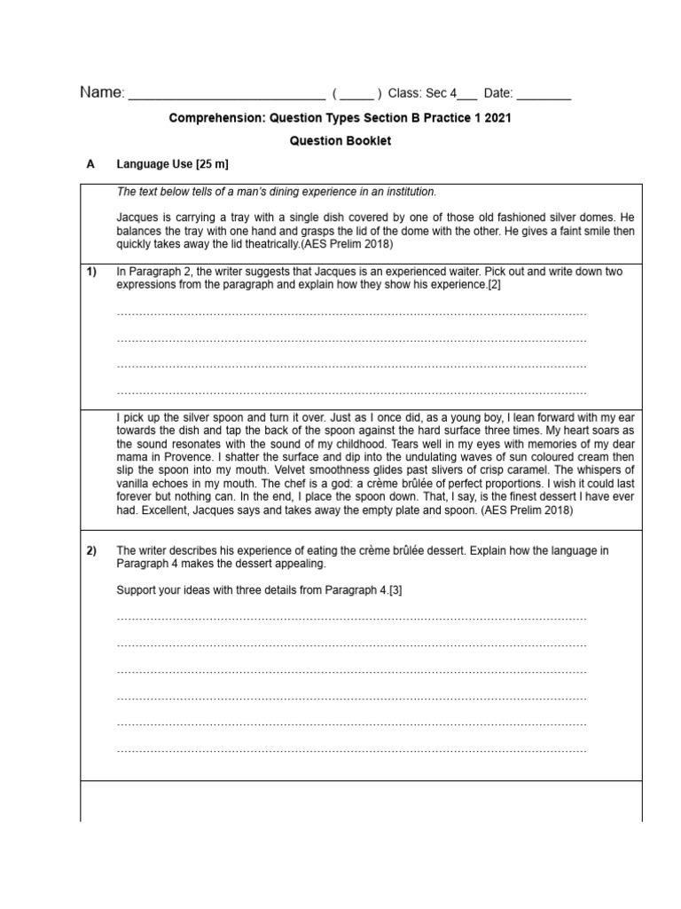 Nchs upper sec el comprehension question types practice language use