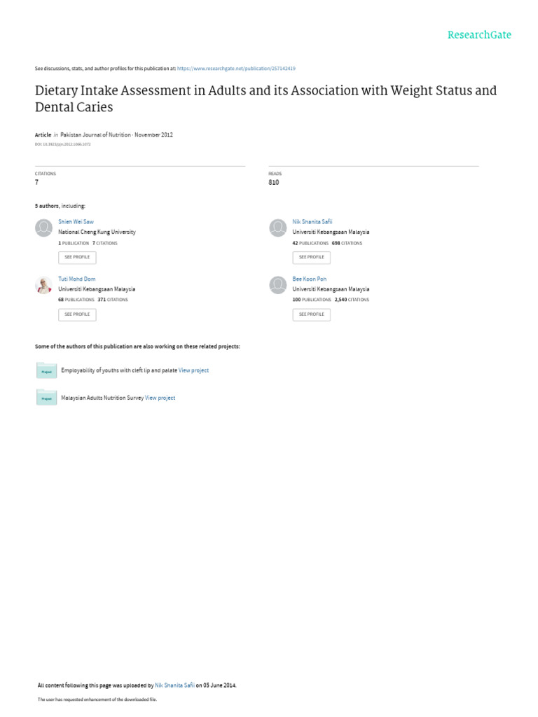 Dietary intake assessment in adults and its pdf