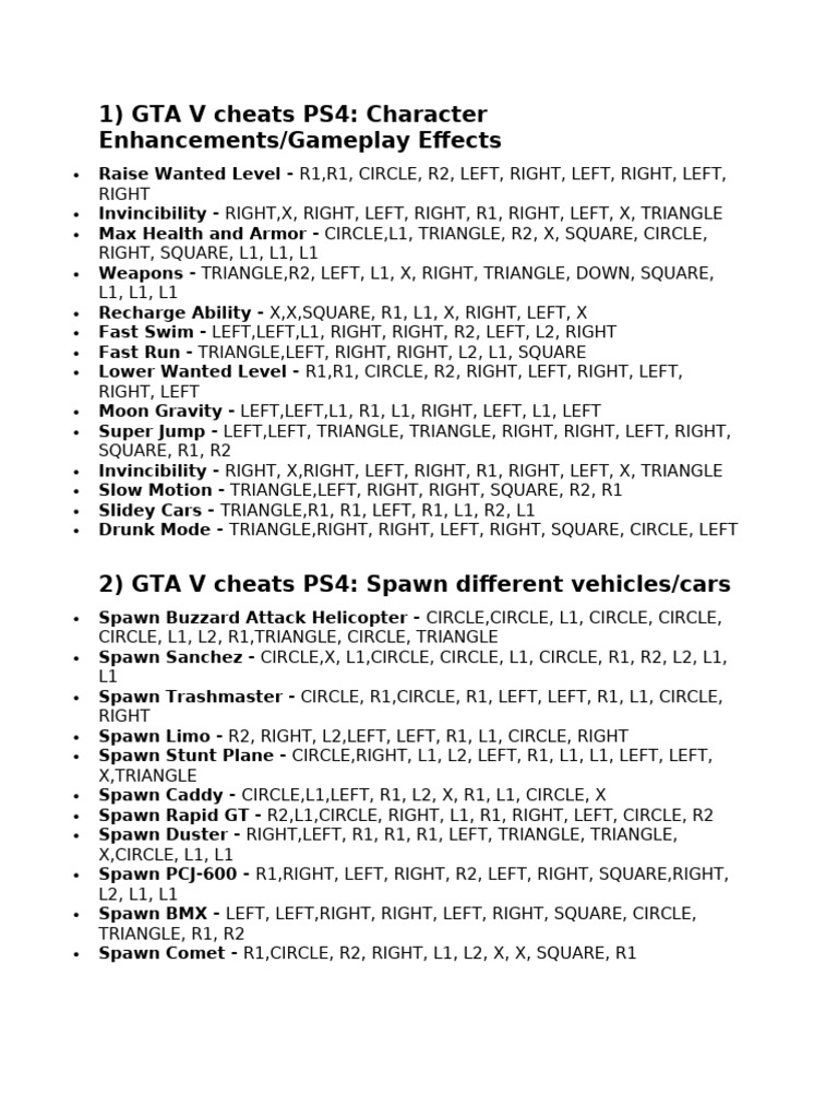 GTA V PS4 Cheat Codes Guide | PDF