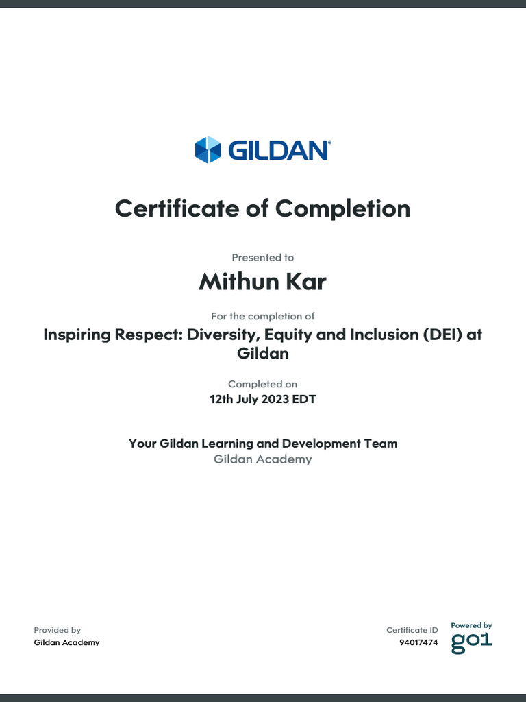 Certificate of Completion Mithun Kar: Inspiring Respect: Diversity ...