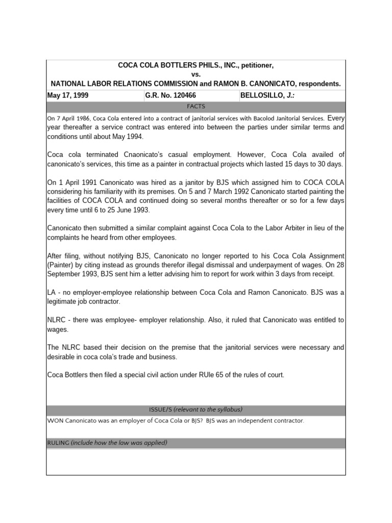 Coca Cola vs. Canonicato: Employment Dispute | PDF | Employment | Law