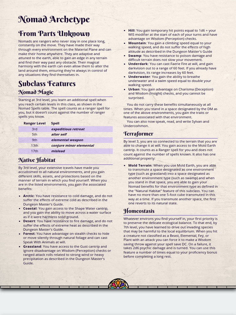 Nomad Archetype For Ranger - GM Binder | PDF