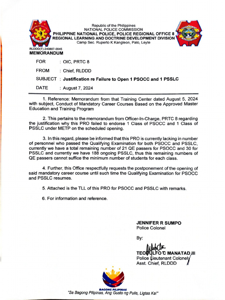 Justification Re Failure To Open 1 PSOCC and 1 PSSLC | PDF