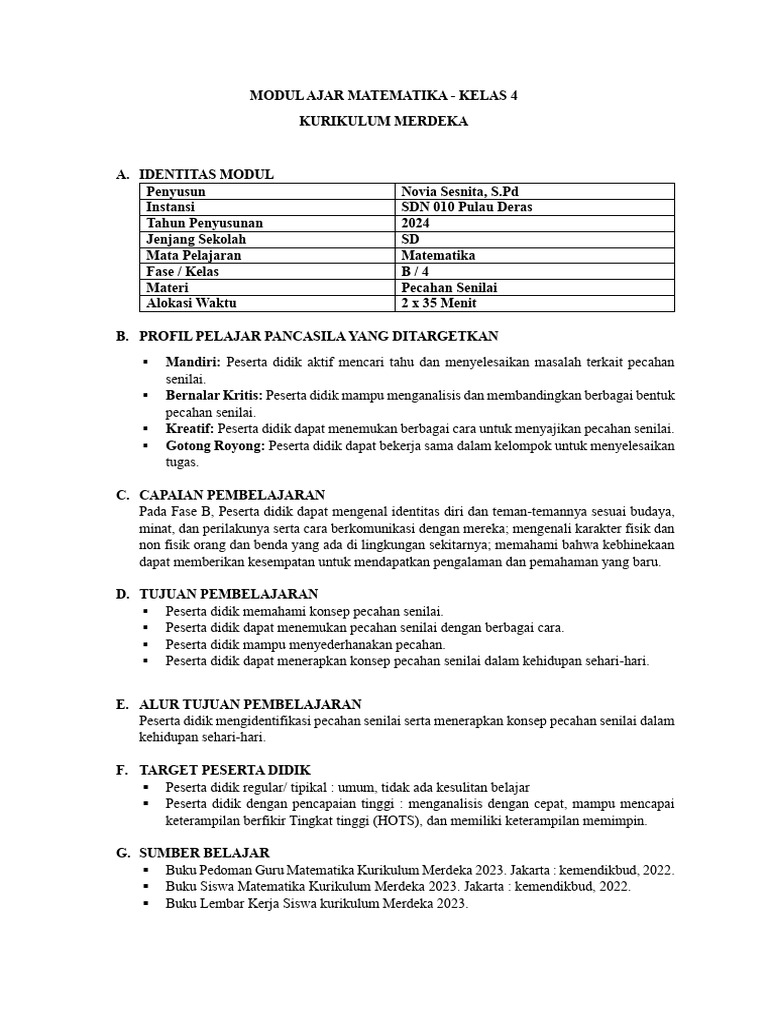 Modul Ajar Kurikulum Merdeka Kelas 4 - Pecahan Senilai | PDF
