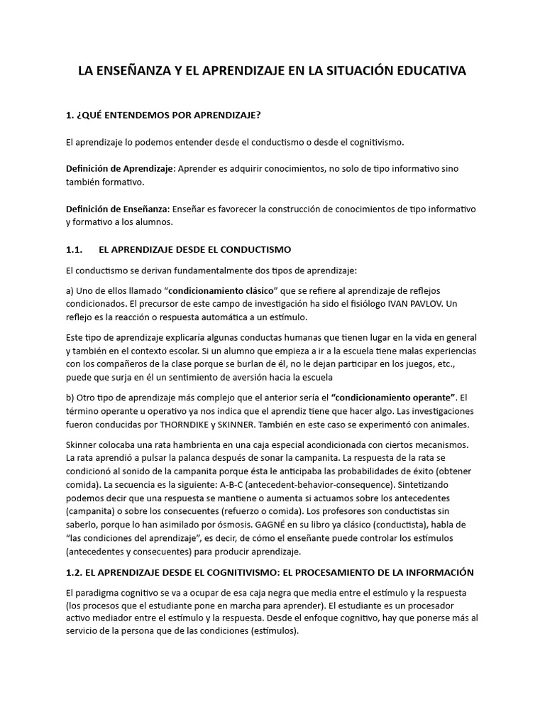 La Enseñanza y El Aprendizaje en La Situación Educativa | PDF