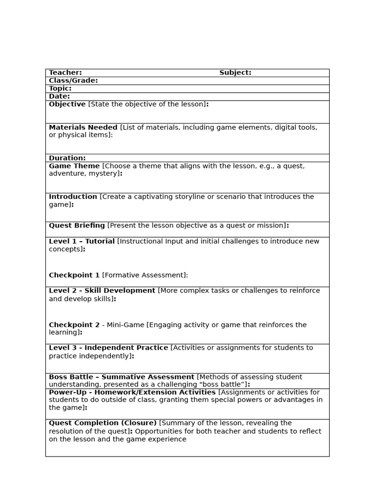 Gamification Lesson Plan Template Pdf