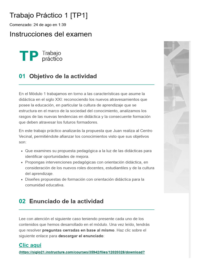 Examen - Trabajo Práctico 1 (TP1) | PDF | Enseñando | Plan de estudios