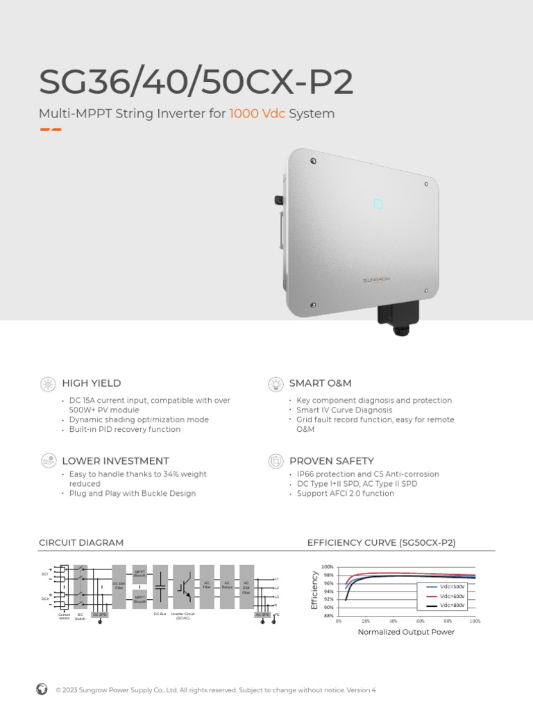 Sungrow SG50CX-P2 Inverter Datasheet | PDF | Alternating Current ...