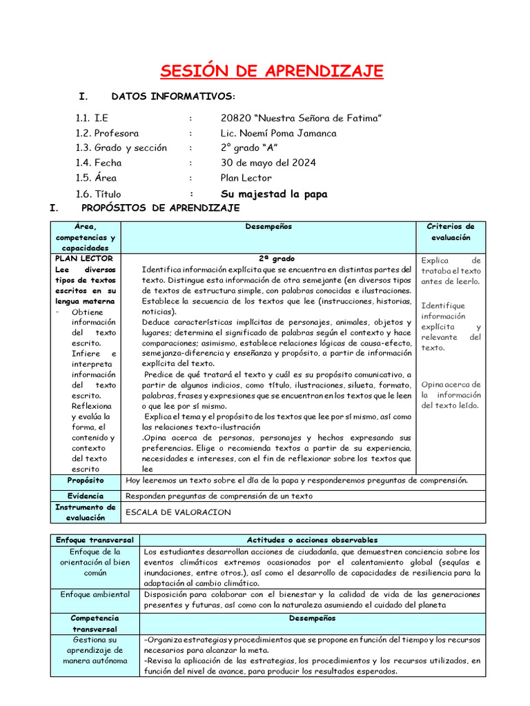 Sesion Plan Lector Dia de La Papa | PDF