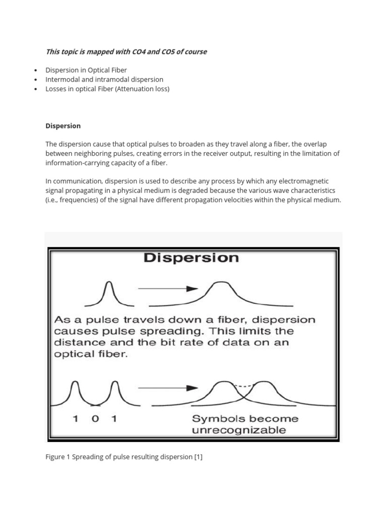 Optical Fiber Dispersion and Losses Explained | PDF | Dispersion ...