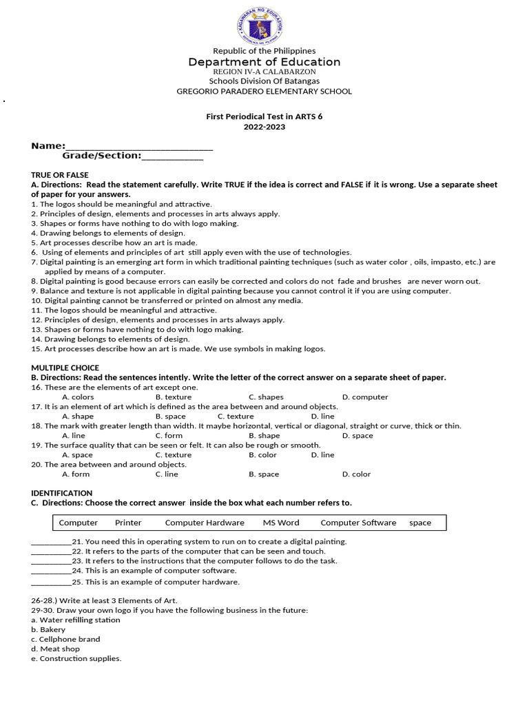 Periodicc Test Q1 In Arts Pdf
