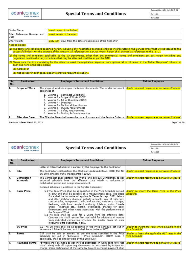 Special Terms and Conditions | PDF