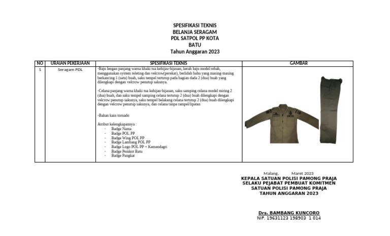 Spec Seragam PDL | PDF