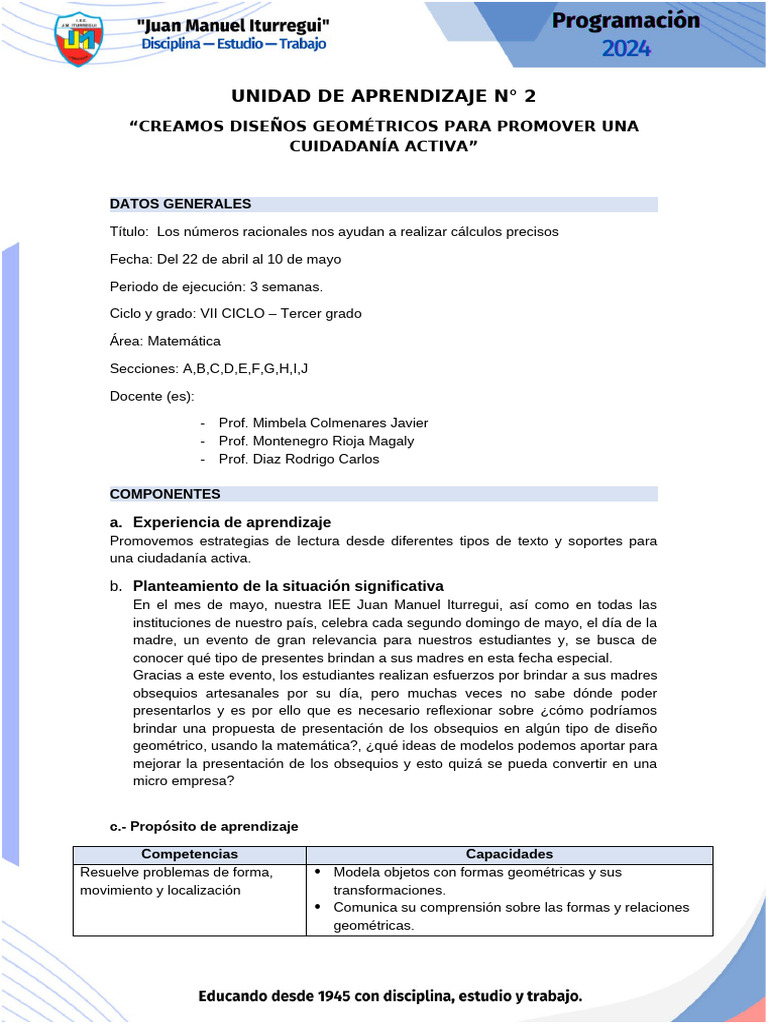 2 Unidad de Aprendizaje - Matematica - 3er Grado | PDF