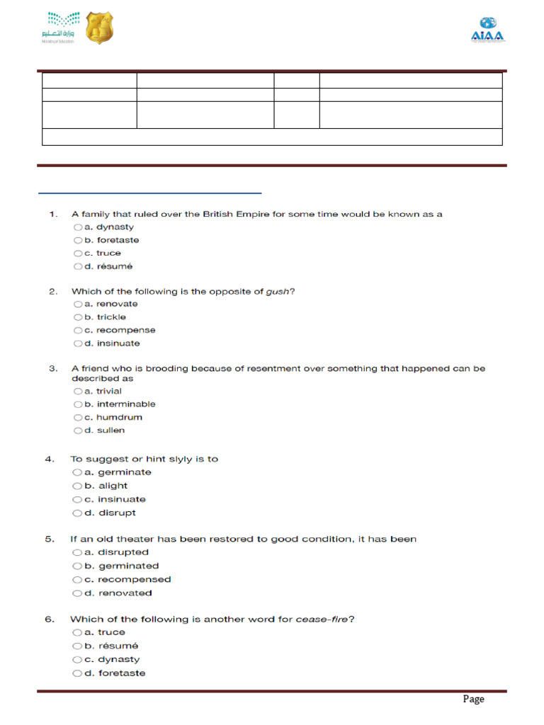 Vocabulary Unit 1 Worksheet With Answers PDF