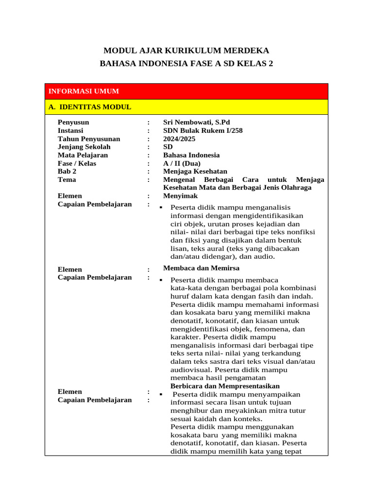 Modul Ajar Bahasa Indonesia Kelas 2 | PDF | Karier & Perkembangan ...