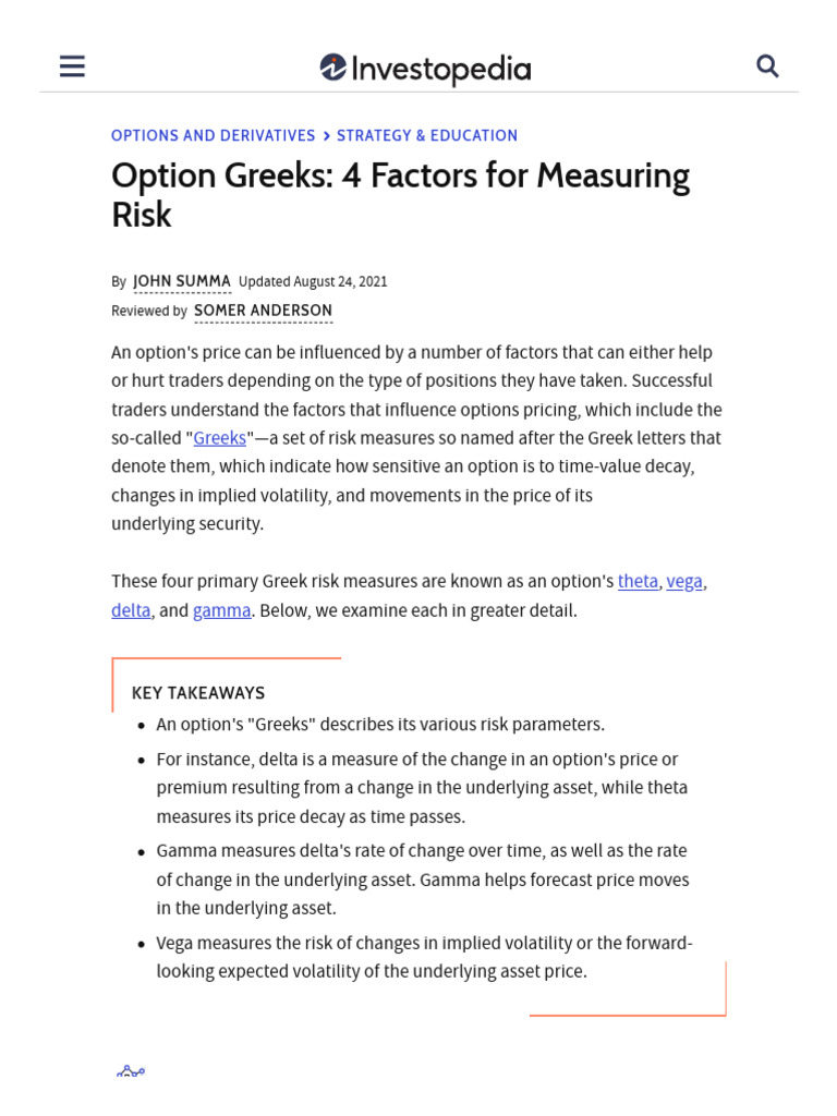 Understanding Option Greeks in Risk Analysis | PDF | Greeks (Finance ...