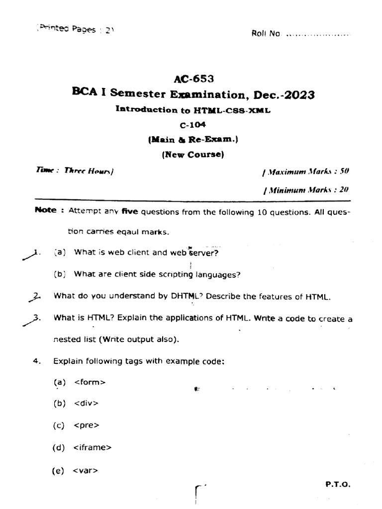 Bca 1 Sem Introduction To HTML Css XML Ac 653 Dec 2023 | PDF
