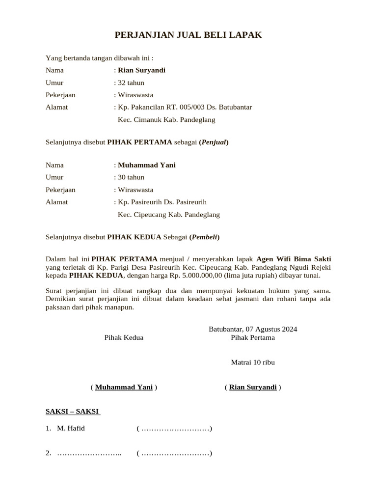 Perjanjian Jual Beli Lapak | PDF