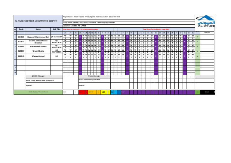 Time Sheet For The Month 23 Jul To 25 Aug | PDF