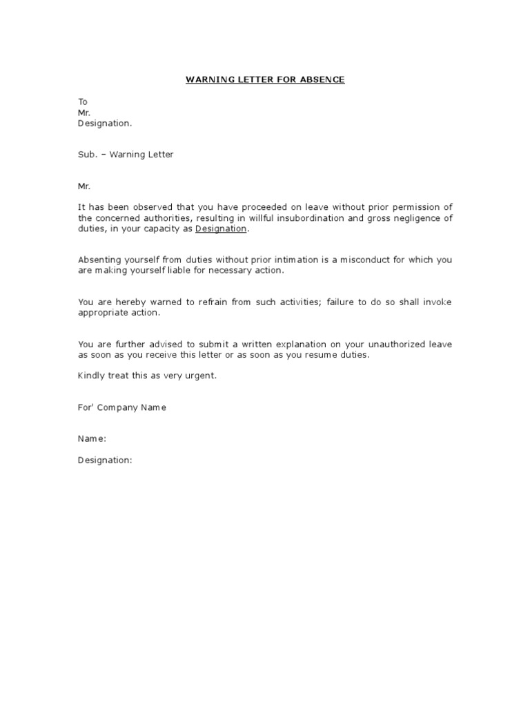 Warning Letter For Absence  PDF  Government  Common Law