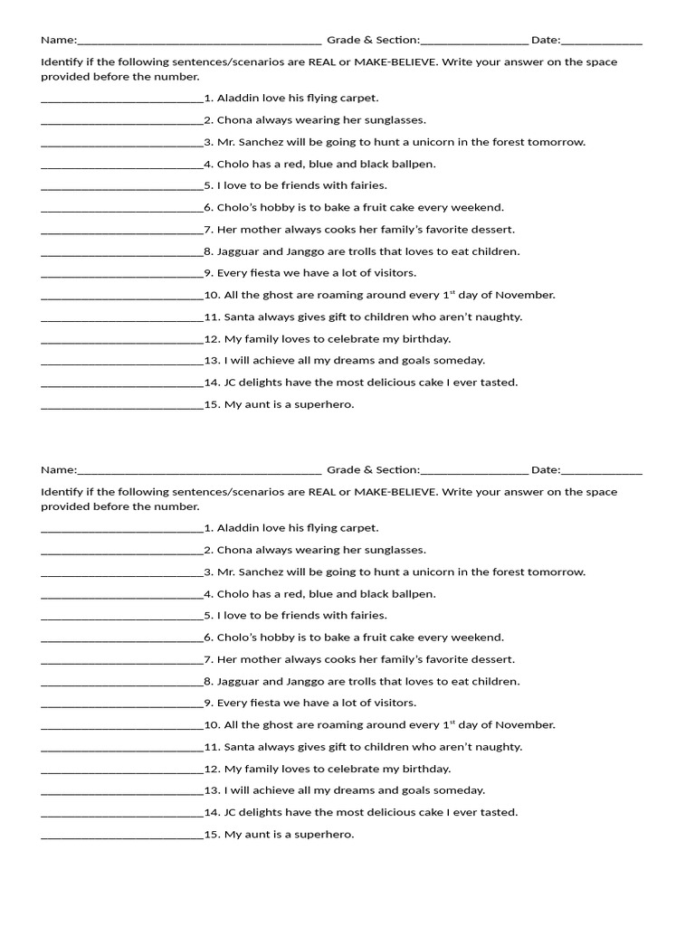 Real or make believe activity sheet pdf