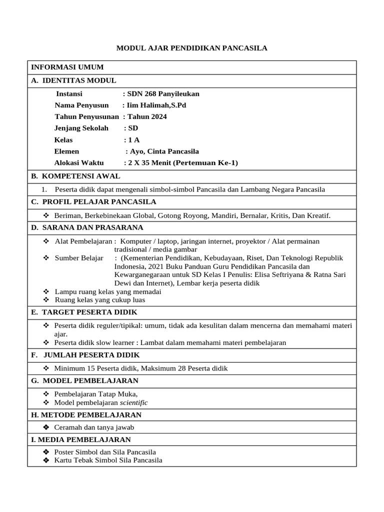Modul Ajar Supervisi Pendidikan Pancasila Bu Iim Sem 1 | PDF