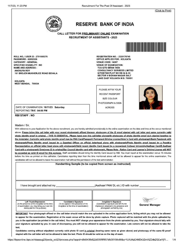 Rbi Admit | PDF