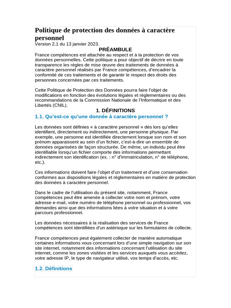 Politique de Protection Des Données À Caractère Personnel | PDF