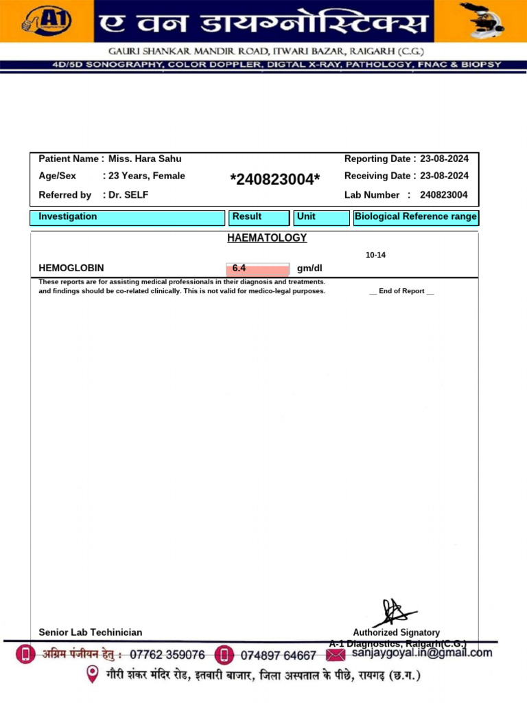 Hemoglobin Report for Miss Hara Sahu | PDF