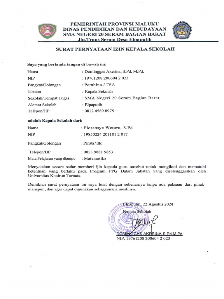 Surat Ijin Kepsek | PDF