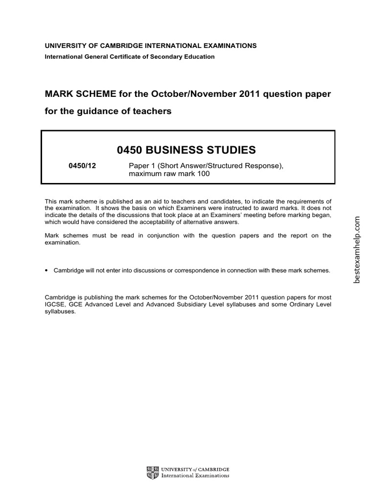 0450 Business Studies: MARK SCHEME For The October/November 2011 ...