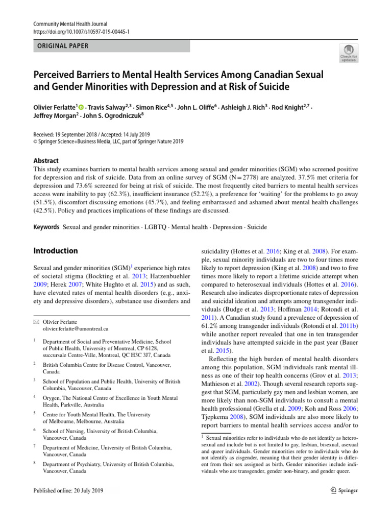 Barriers To Mental Health Services Among Canadian Gender Minorities ...