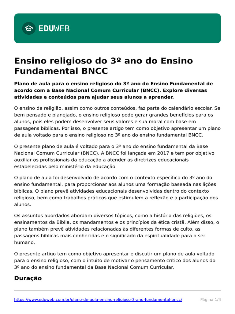 Plano de Aula Ensino Religioso 3 Ano Fundamental BNCC | PDF