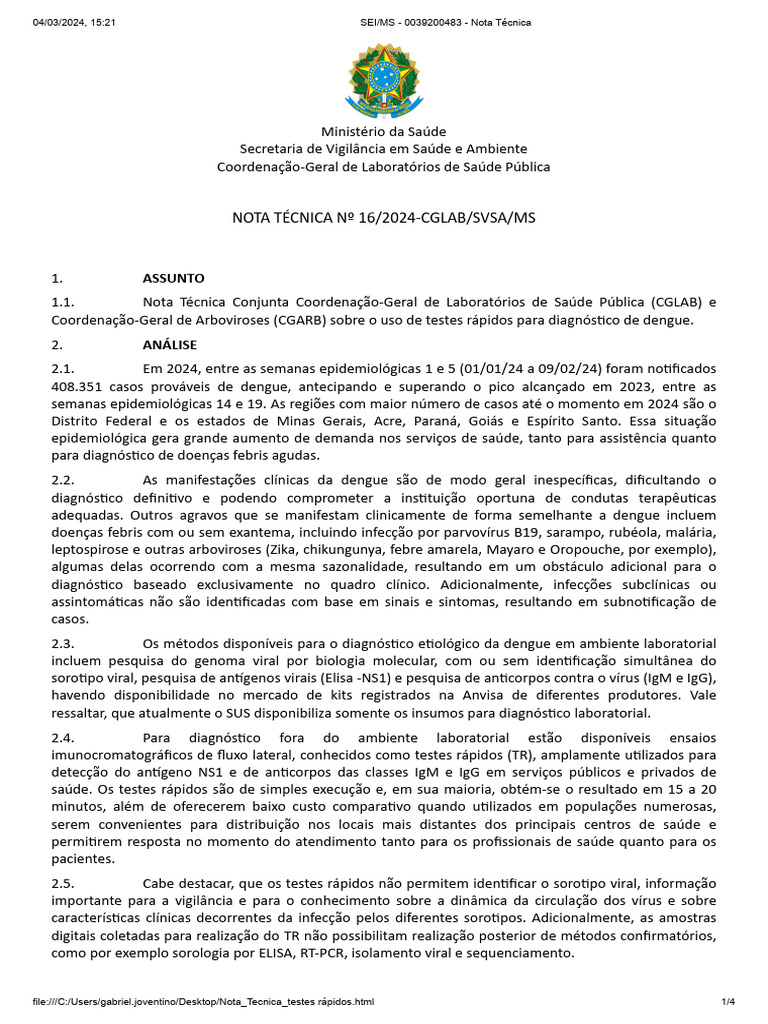 Nota Técnica - Testes Rápidos CGLAB Nº16 - 2024 MAR 24 | PDF