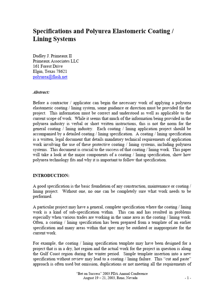 Specifications and Polyurea Elastomeric Coating / Lining Systems | PDF