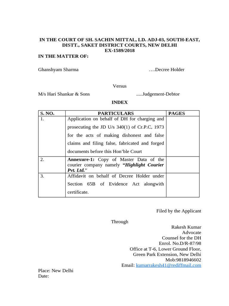 GHANSHYAM SHARMA - HARI SHANKAR 340 Cr.P.C. Perjury Application | PDF