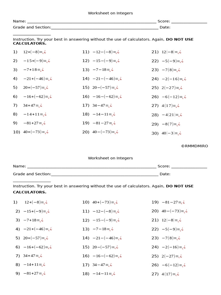 Worksheet On Integers | PDF
