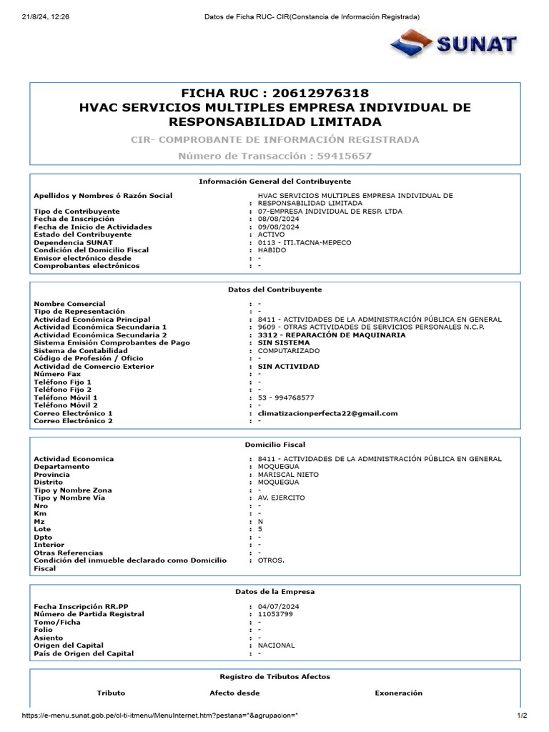 Ficha Ruc Hvac-1 | PDF